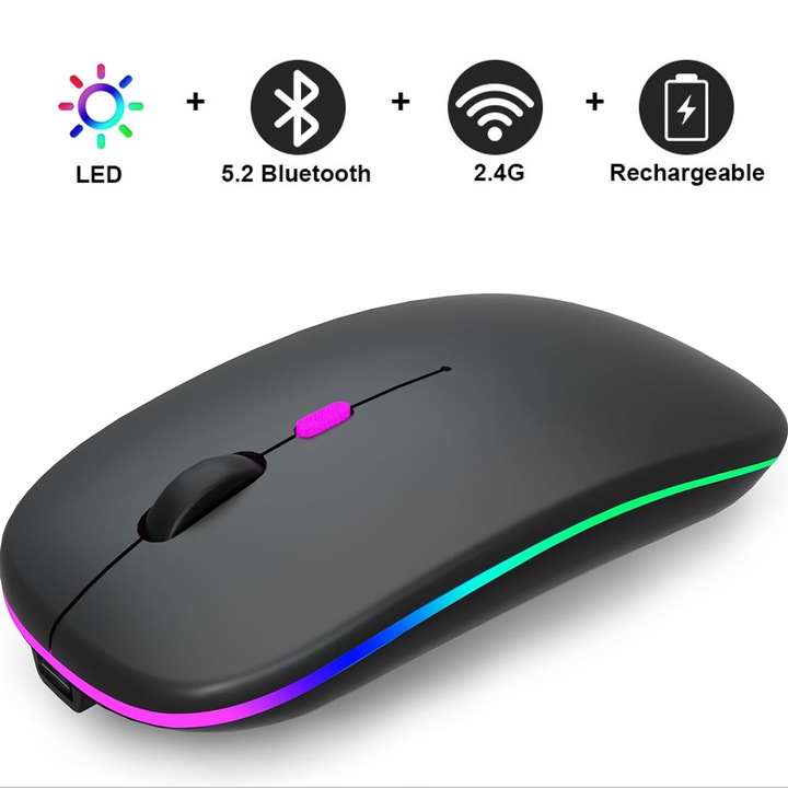 iNext 2.4G és Bluetooth kétmódusú vezeték nélküli optikai egér, RGB világítással, USB vevővel, némító gombokkal, DPI gombbal, állítható 800/1200/1600DPI, ergonomikus, PC Mac laptophoz, 500mAh, fekete