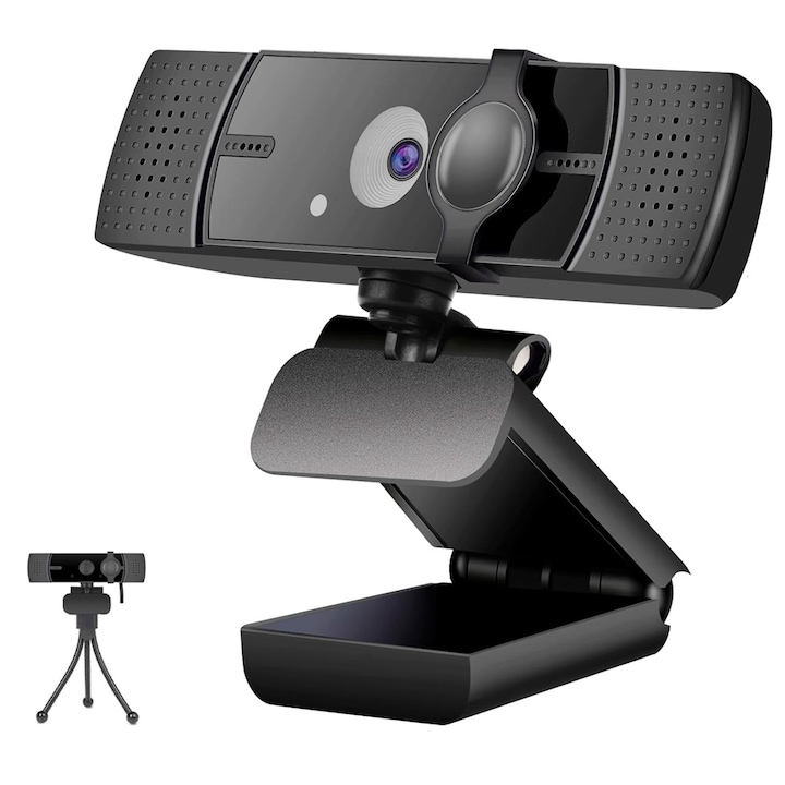 Уеб камера iNext 2K 1440p 30fps, до 5MP, автофокус, автоматична експозиция, ротация на 360 градуса, шумопотискащ микрофон, защитен капак, със статив, USB порт, черен