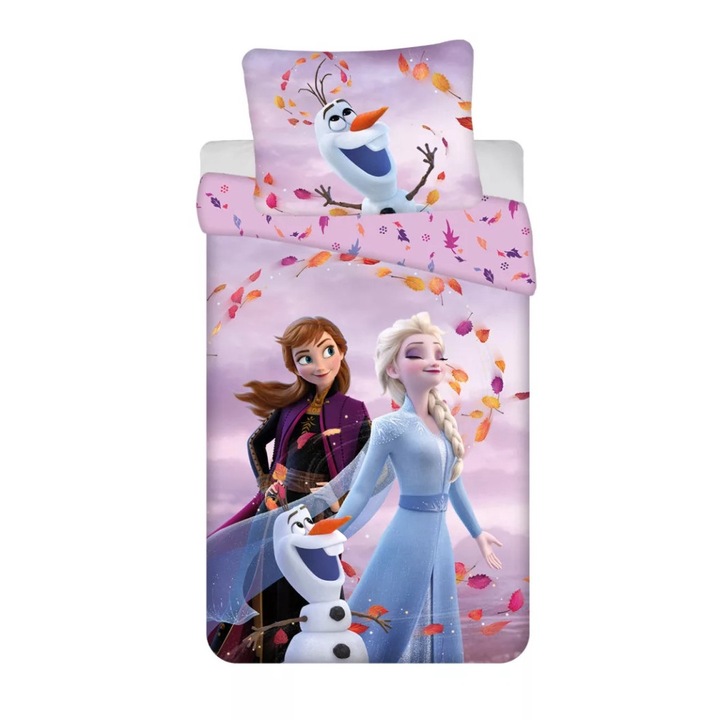 Set lenjerie de pat, Jerry Fabrics, 2 piese, reversibila, multicolor, 100% bumbac, 140 x 200 cm, 70 x 90 cm, Wind, Frozen, Disney