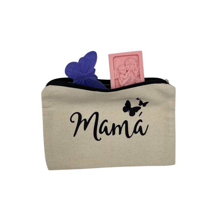 Set cadou Ziua Mamei, 8 Martie, sapun handmade, portfard inclus, 1 x sapun lapte capra, parfum trandafiri, model mama, 1 x sapun glicerina, ulei samburi struguri, parfum floral, model fluture, 120 g