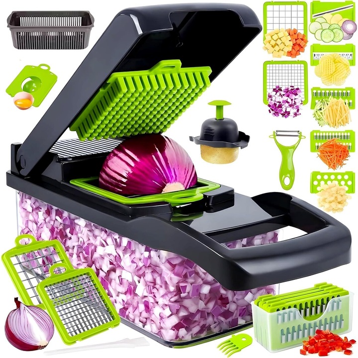 Taietor manual de legume, 3 lame, separator de proteine in forma de lingura, 16in1, gri/verde