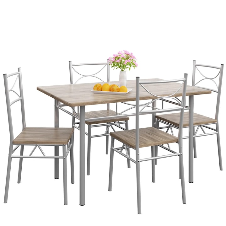 Трапезен комплект Casaria, маса 110 х 70 х 76 см с 4 стола 38 х 46 х 87 см, дъб, MDF плот, стоманена конструкция, 5 части