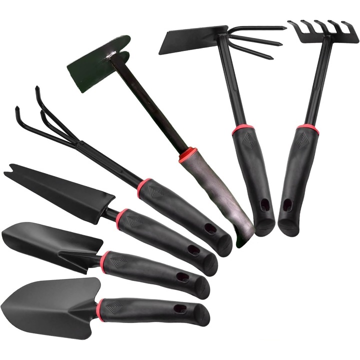Set 7 Unelte de Gradina Cyrax, pentru Plantare Prelucrare Sol si Ingrijire Plante, Material PVC si cardboard, 31.5 x 8 cm, negru