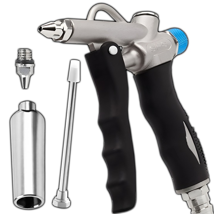 Pistol Pneumatic de Suflat Retoo HandyTools, 1/4", 12 BAR, 170 PSI, cu Reglaj al Debitului de Aer si Trei Duze – Lunga de 13 cm, Punctuala si Venturi pentru Cresterea Debitului de Aer, Negru-Argintiu