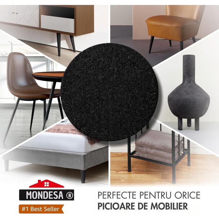 Set 48 Buc Tampoane Autoadezive din Pasla, Protectii pentru Picioare Scaune, Mese si Mobilier, MONDESA®, Ideale pentru Protectie Parchet si Pardoseala, Ø 2.5 cm, Grosime 0,5 cm, Negru