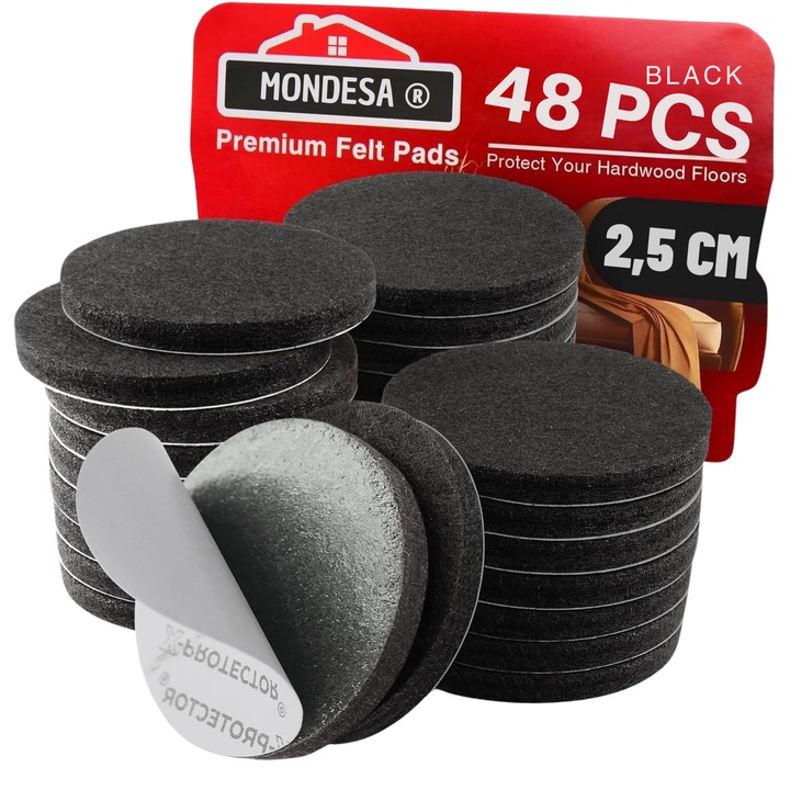 Set 48 Buc Tampoane Autoadezive din Pasla, Protectii pentru Picioare Scaune, Mese si Mobilier, MONDESA®, Ideale pentru Protectie Parchet si Pardoseala, Ø 2.5 cm, Grosime 0,5 cm, Negru