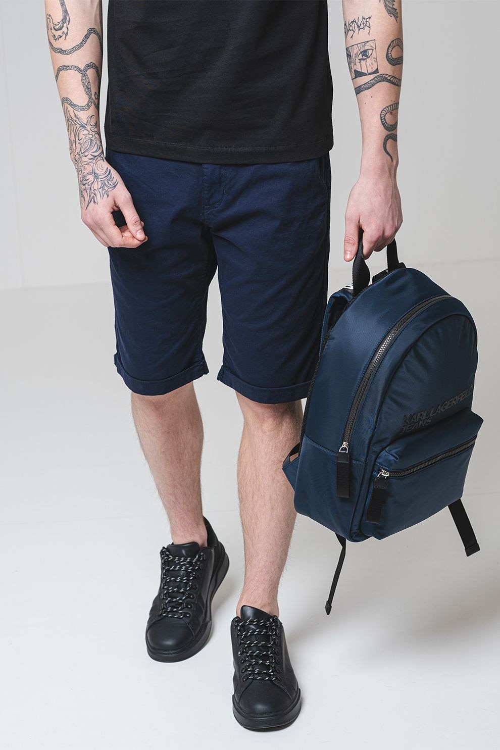 Karl Lagerfeld, Pantaloni scurti din amestec de bumbac cu model uni, Bleumarin, W34-L30