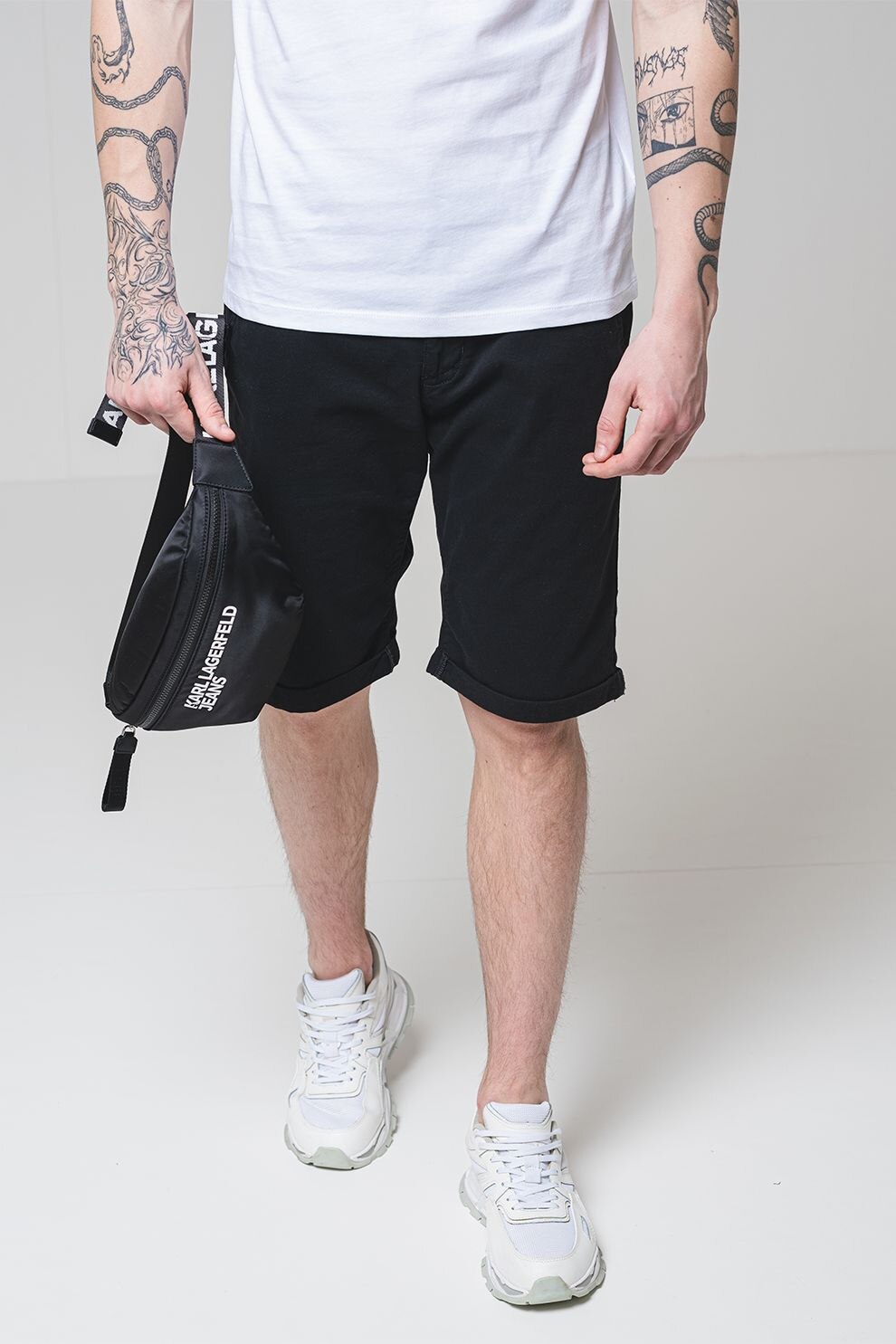 Karl Lagerfeld, Pantaloni scurti din amestec de bumbac cu model uni, Negru, W32-L30