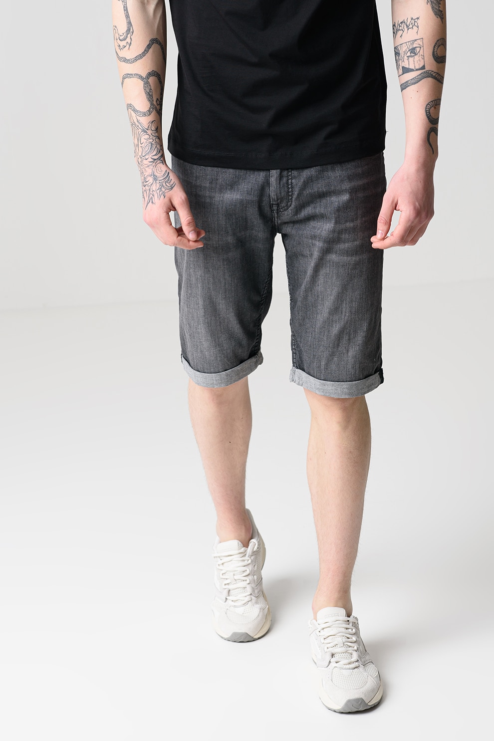 Karl Lagerfeld, Bermude de denim cu terminatie pliabila, Gri inchis melange, W34-L30