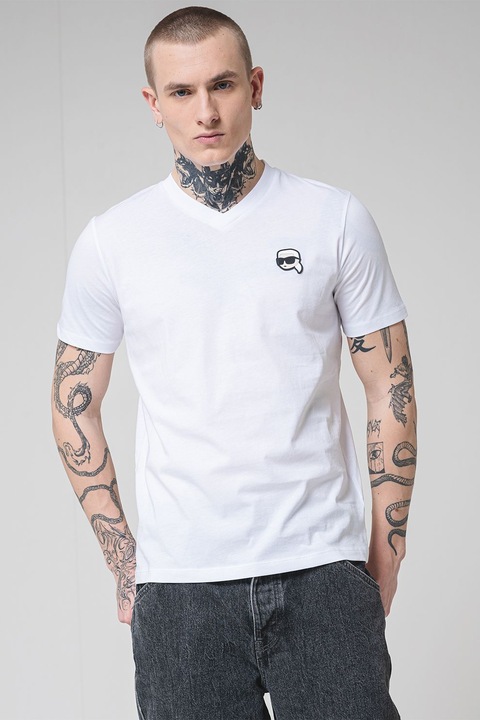 Karl Lagerfeld, V-nyakú póló logós részlettel, Fehér