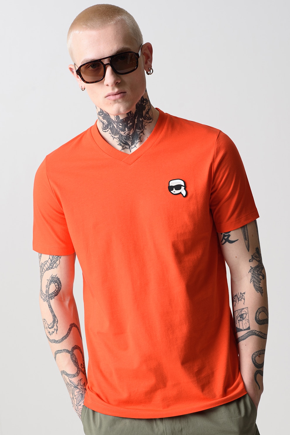 Karl Lagerfeld, Tricou cu decolteu in V si logo, Rosu vermillion, 3XL