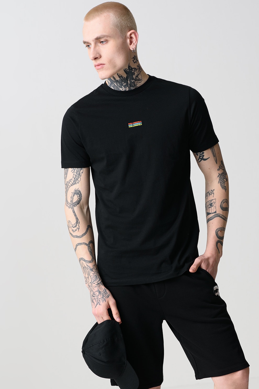Karl Lagerfeld, Tricou cu decolteu la baza gatului si logo discret, Negru, L