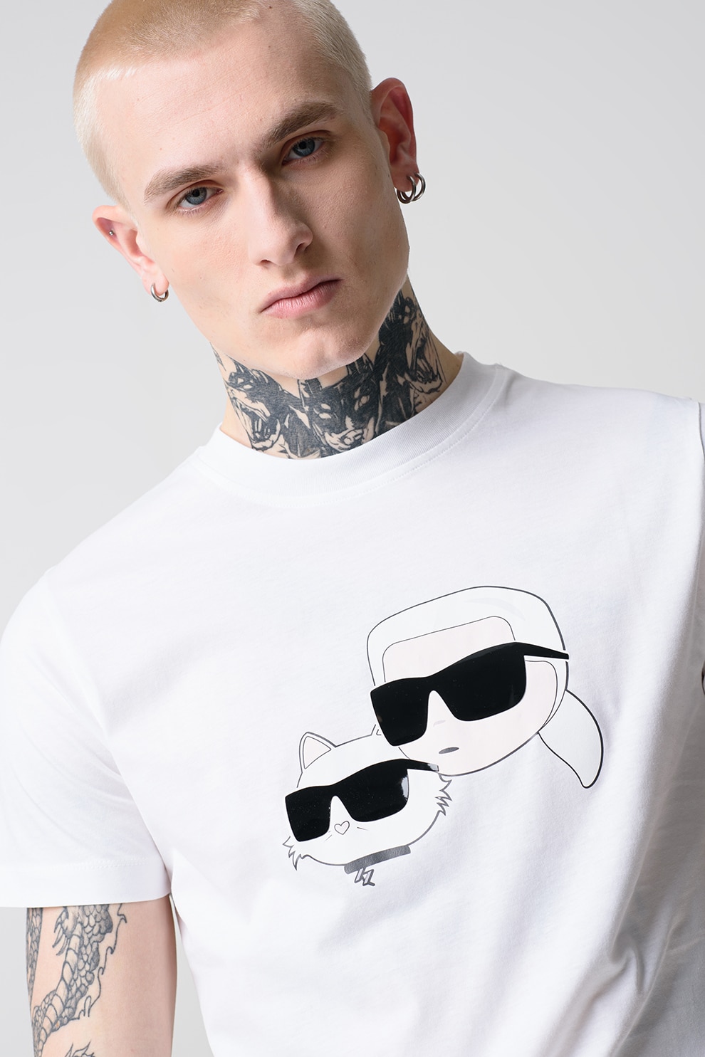 Karl Lagerfeld, Tricou cu decolteu la baza gatului si imprimeu logo, Negru, Alb optic, 3XL