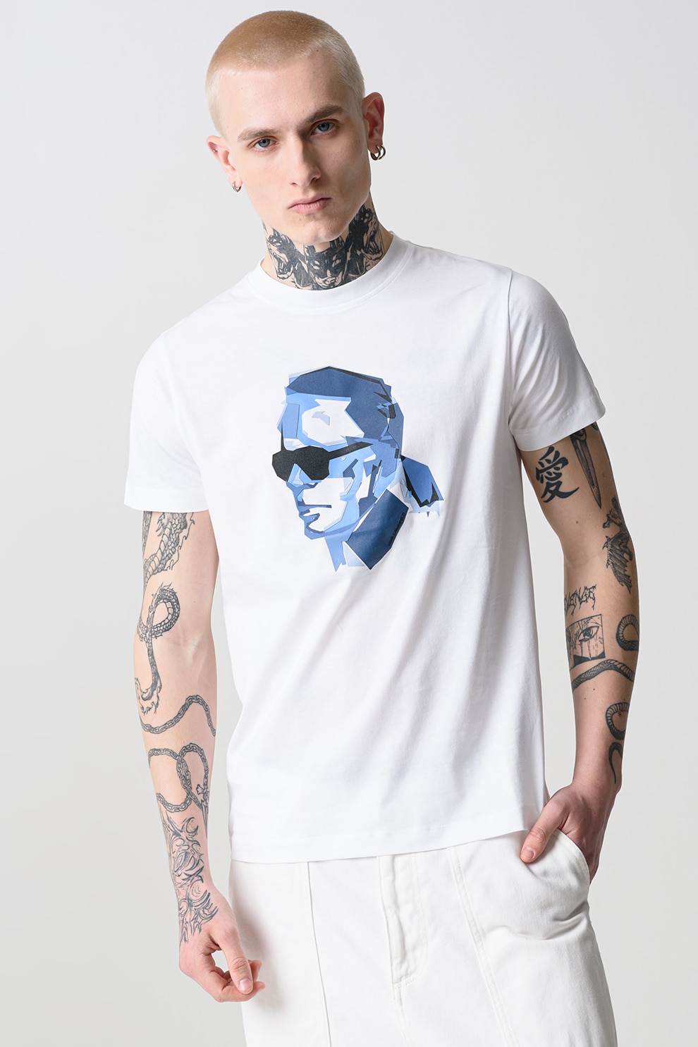 Karl Lagerfeld, Tricou de bumbac cu imprimeu, Albastru inchis, Alb optic, 2XL