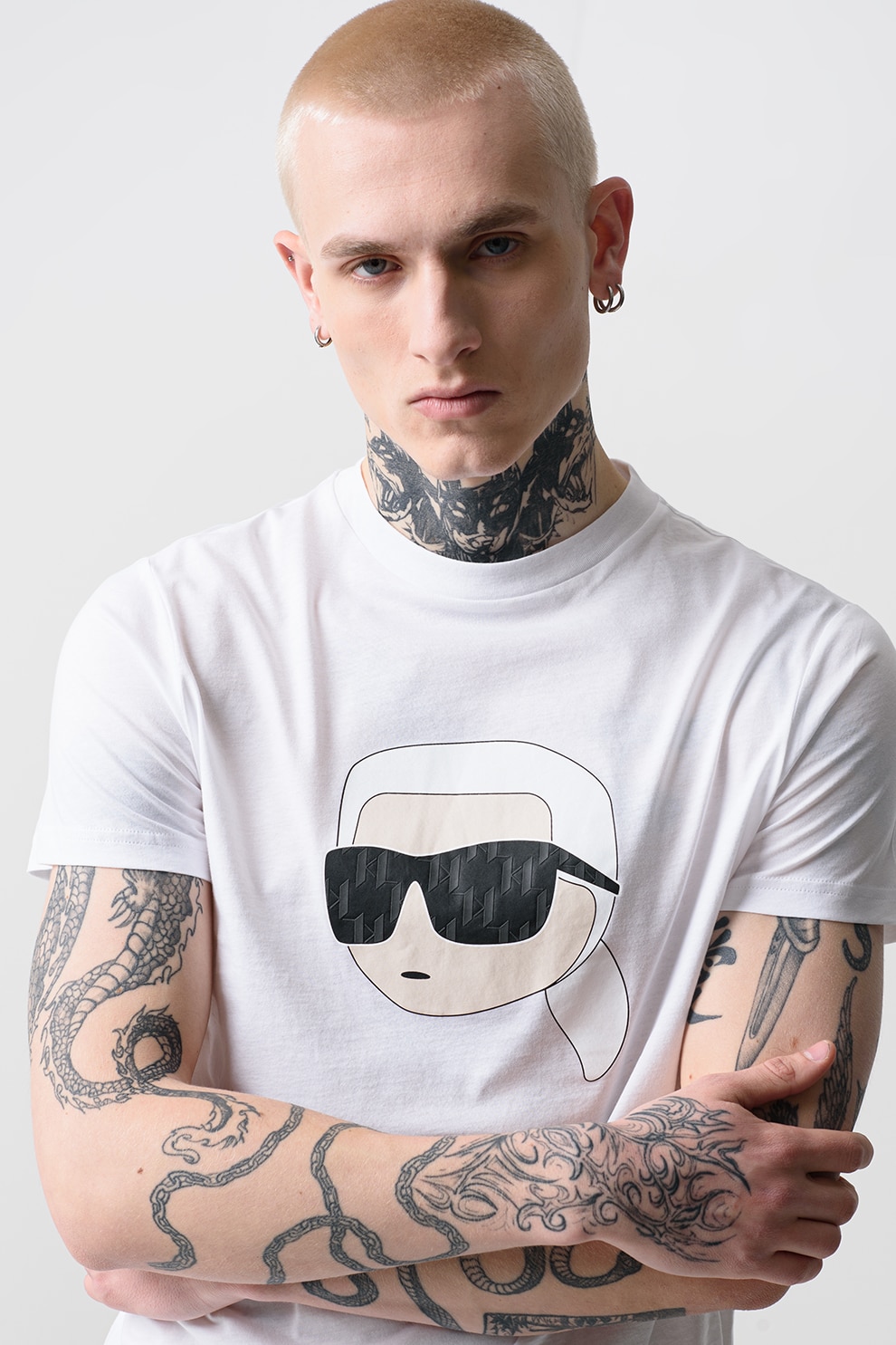 Karl Lagerfeld, Tricou de bumbac cu decolteu la baza gatului si imprimeu logo, Alb optic, 3XL