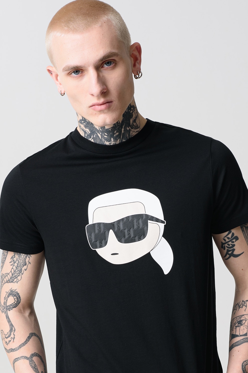 Karl Lagerfeld, Tricou de bumbac cu decolteu la baza gatului si imprimeu logo, Negru, Alb murdar, S