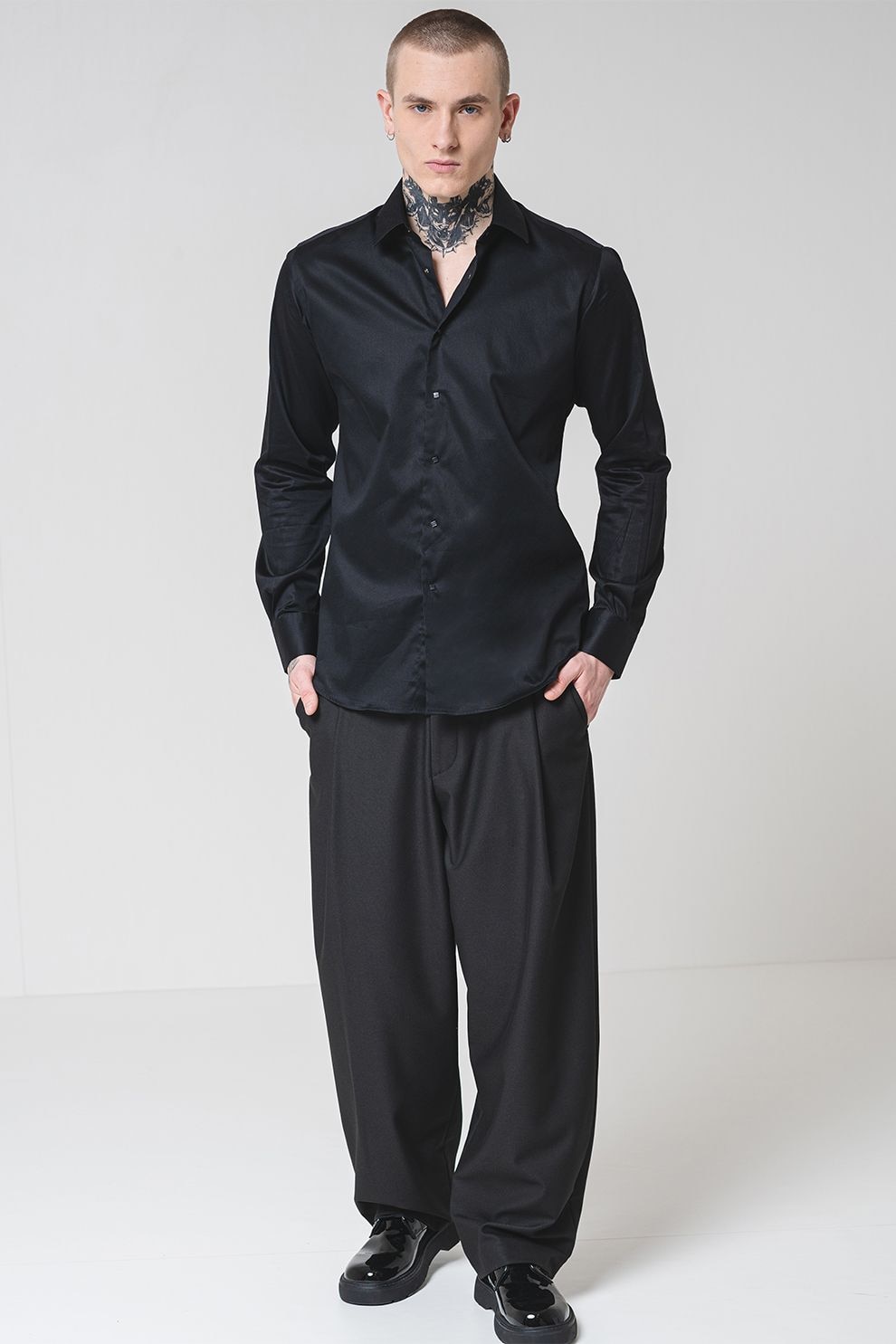 Karl Lagerfeld, Camasa din amestec de bumbac cu guler ascutit, Negru, 40