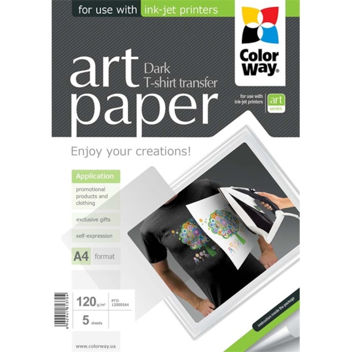 ColorWay PTD120005A4 ART series, pólóra vasalható fólia, sötét (ART T-shirt transfer (dark)), 120 g/m2, A4, 5 lap Fotópapír