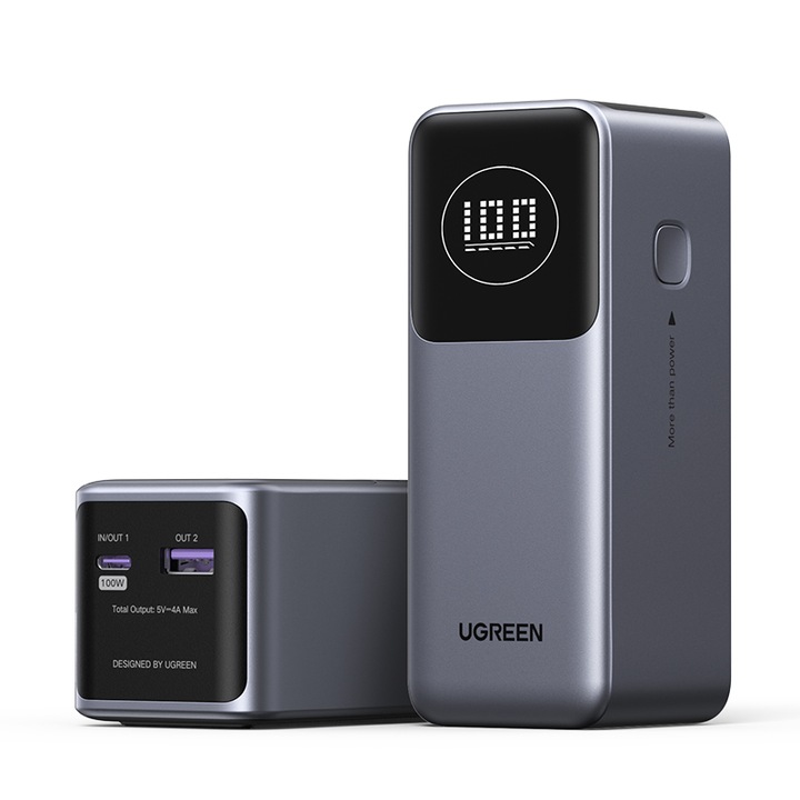 Външна батерия Ugreen PB724, 12 000 mAh, 100W, USB-C, USB-A, сива