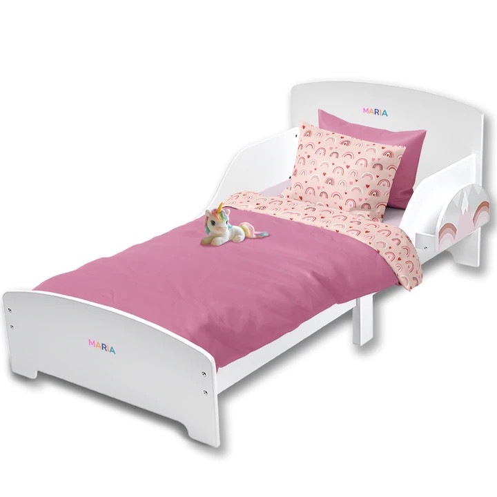 Pat Copii Suporto cu Protectie Laterala si Raft Depozitare Carti si Jucarii, Model Curcubeu, Patut pentru Fetite Varsta de 3 - 8 Ani, Mobilier din Lemn MDF, Alb / Roz