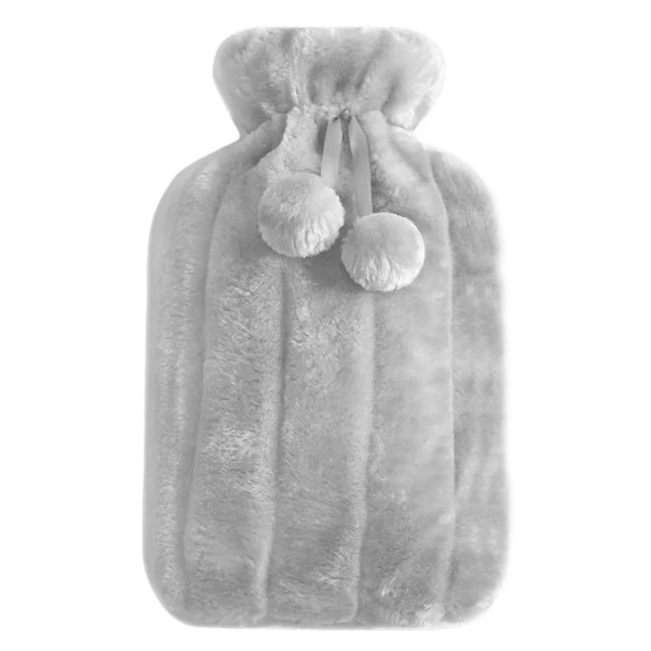 Termofor Perna Apa Calda, Capacitate 2L, Cauciuc Rezistent, Husa Plus Moale Imitatie Blana Gri, Mentine Caldura 8 Ore, Relaxare, Alinare Dureri Musculare Menstruale Abdominale, Terapie Calda-Rece, Portabil, Usor de Curatat, Greutate Redusa