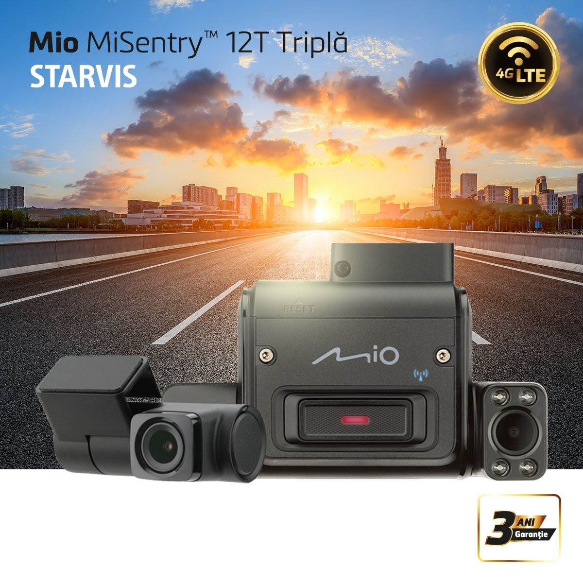 Camera video auto Mio MiSentry™ 12T, 3 camere,Conectivitate 4G LTE , Senzor Sony STARVIS™ CMOS, GPS , Avertizări de radar fix GPS & Smart Alert, Negru