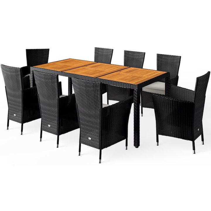 Set terasa/gradina Verona, masa 190 x 90 x 75 cm cu 8 scaune 58 x 60 x 88 cm, premium, negru, 9 piese, Casaria