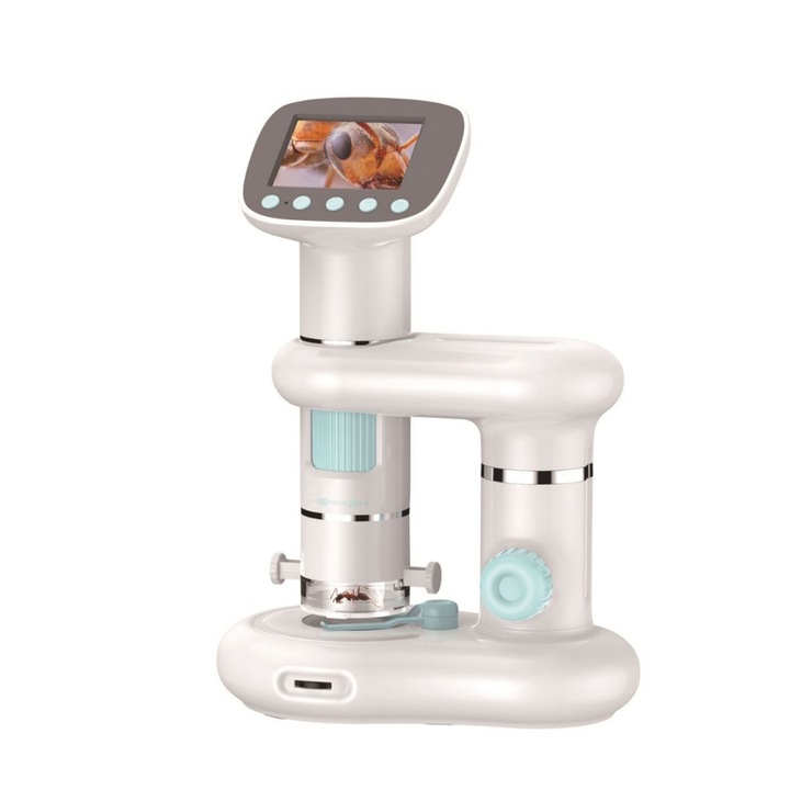 Цифров микроскоп, 1000X, 1080 HD, 2" LCD екран, 8 ярки светодиода, 6 езика, свързващ се с компютър, подходящ за много сценарии, със стойка, бял