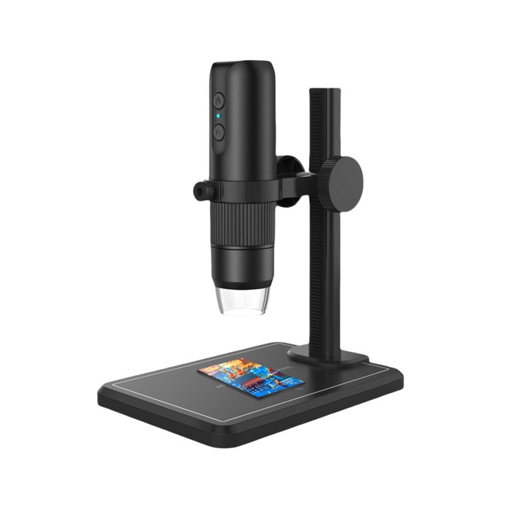 Digitális elektronmikroszkóp, 1000X, WIFI, Bluetooth, 720P HD, 8 világító LED, 5 mm-es munkatávolság, számítógéphez csatlakoztatható, különféle jelenetekhez alkalmas, állvánnyal, fekete