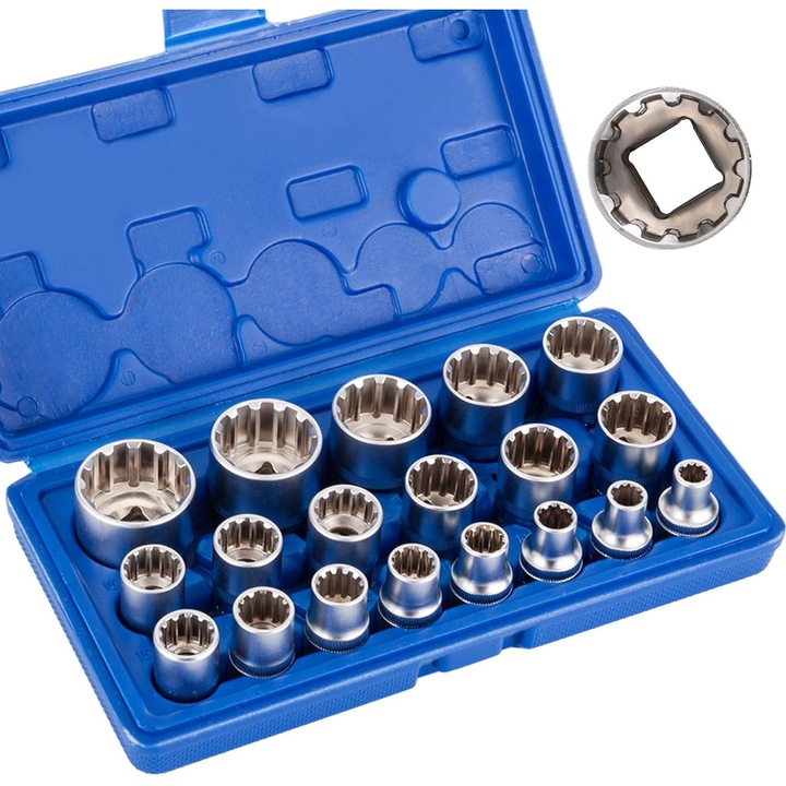 Set 19 chei tubulare spline 12-point Cr-V, 8-32mm