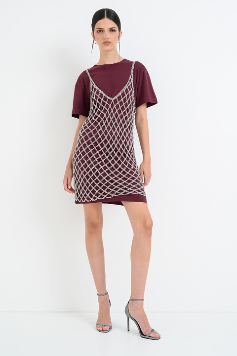 Pinko, Права рокля тип тениска с овално деколте, Тъмновиолетов/Сребрист