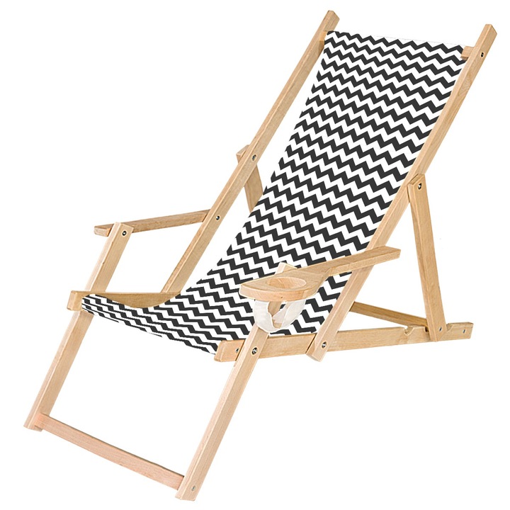 Fából készült kerti nyugágy, összecsukható szék italtartóval, Cikk-Cakk
