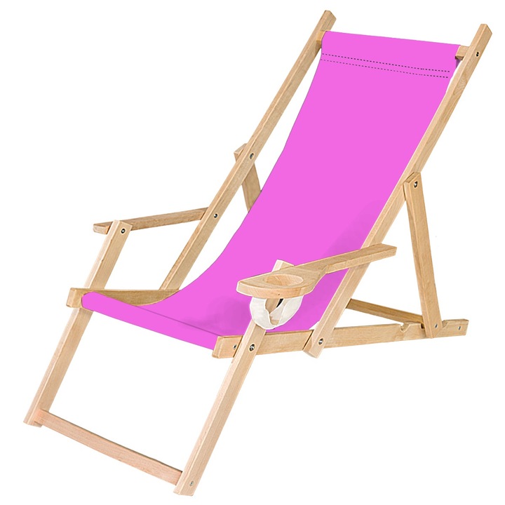 Nyugágy italtartóval, Ferocity, bükkfa, poliészter, kiváló minőség, három fokozatban állítható háttámla, italtartó, 142x68-73x4,5 cm, rózsaszín