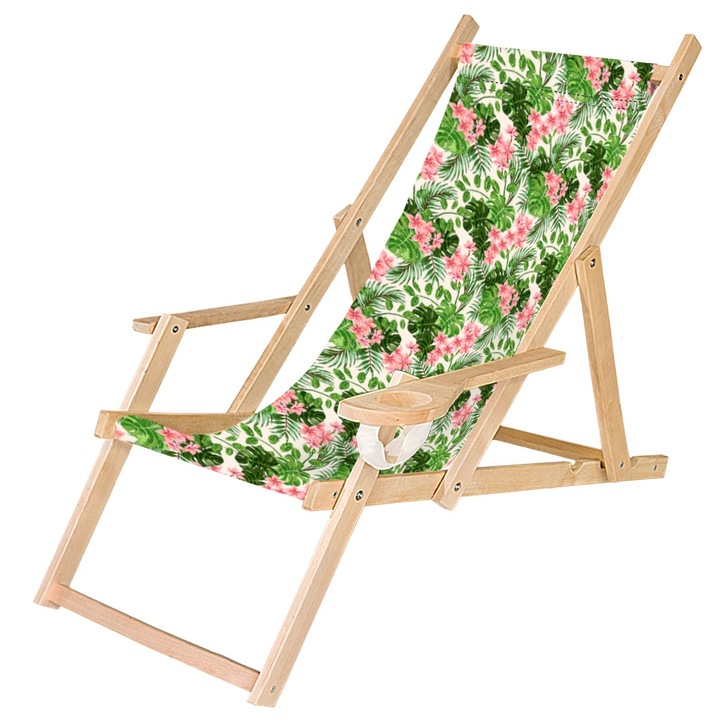 Fából készült kerti nyugágy, összecsukható szék italtartóval, világos pálma