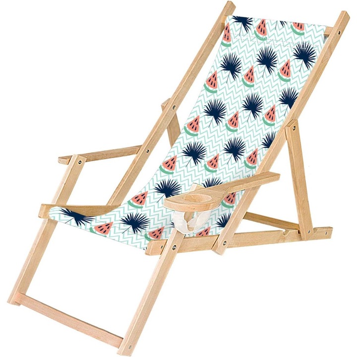 Fából készült kerti nyugágy, összecsukható szék italtartóval, Melon Palm