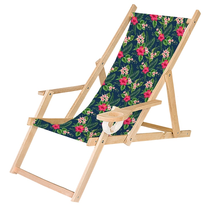 Fából készült kerti nyugágy, összecsukható szék italtartóval, Sötét Pálmafák