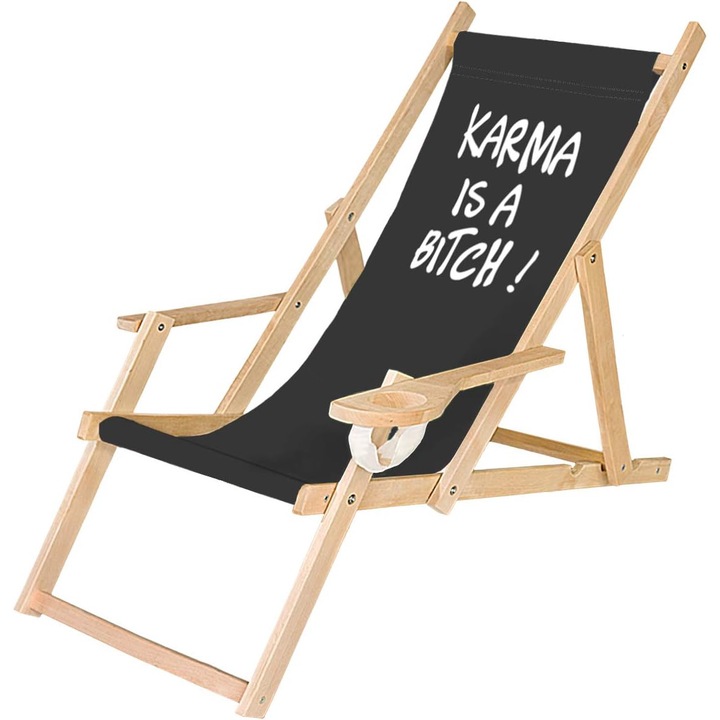 Fából készült kerti nyugágy, összecsukható szék italtartóval, fekete, Karma