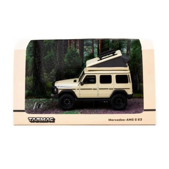 Tarmac Works 1/64 Mercedes G63 AMG kemping autómodell, bézs/fehér