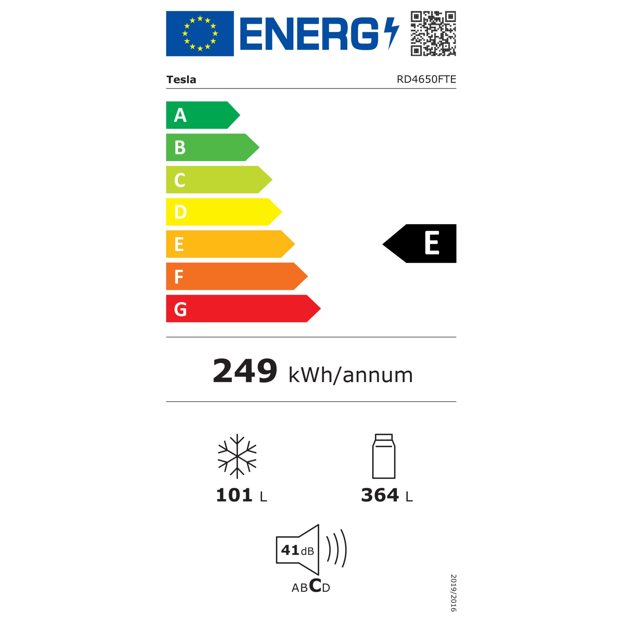 Frigider cu doua usi Tesla RD4650FTE, 465 l, Total No Frost, Clasa E, Display extern, Control electronic, Lumina LED, H 185, Alb