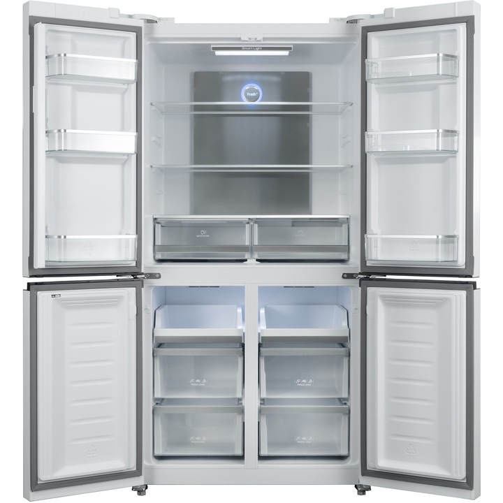 Frigider side-by-side Tesla RM5600FSNWE, 567 l, Total No Frost, , Clasa E, Compresor Inverter, LED touch screen, H 183 cm, Sticla Alba