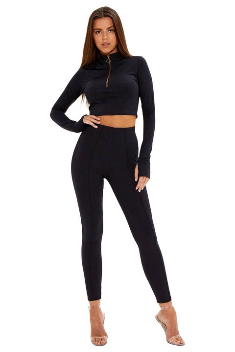 Compleu fitness Ziper, top cu maneca lunga si colanti, Negru