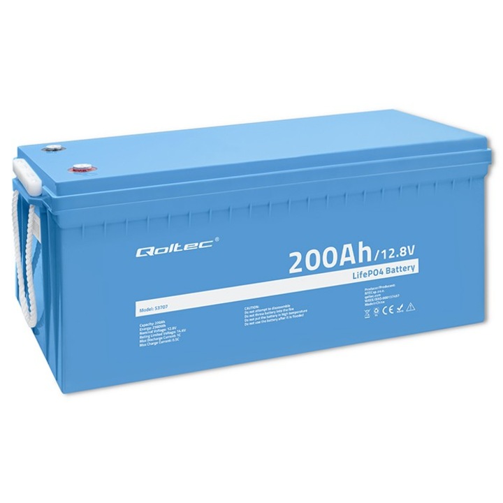 LiFePO4 литиево-желязо-фосфатна батерия, Qoltec, 12.8V, 200Ah, 2560Wh, BMS, черна