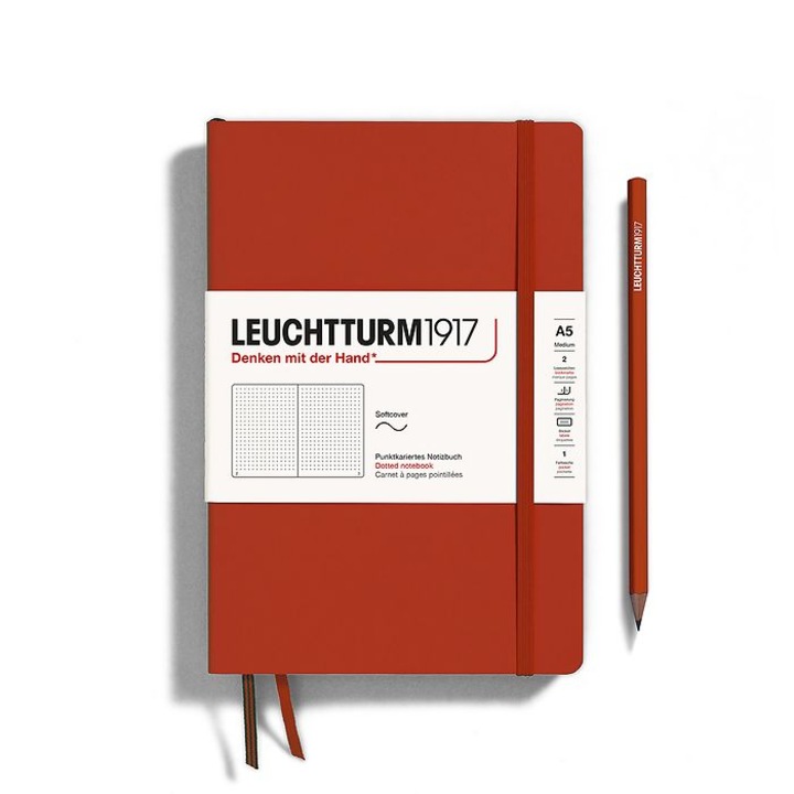 Caiet A5 Punctat Coperta Flexibila, Rosu Inchis, Leuchtturm