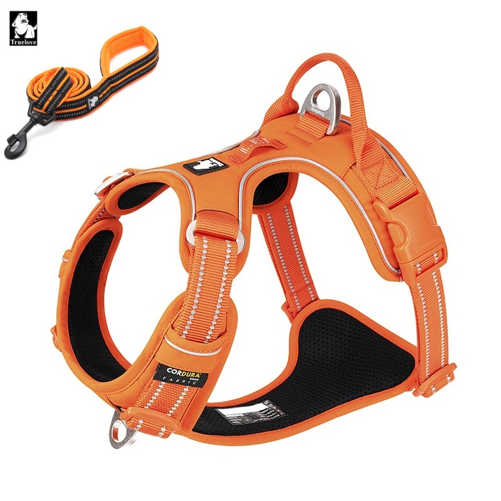 Set Lesa si Ham pentru Caini talie medie, cu benzi Reflectorizante, CORDURA Fabric, Catarama gat din aliaj aluminiu, Ham reglabil 7-18kg(56-69cm) si Lesa de 110 x 2cm, Portocaliu, M