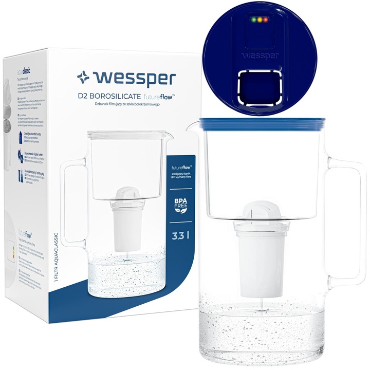 Стъклена филтърна кана с LED измервател, Wessper FutureFlow Aquaclassic, 3.3L с филтър, Син
