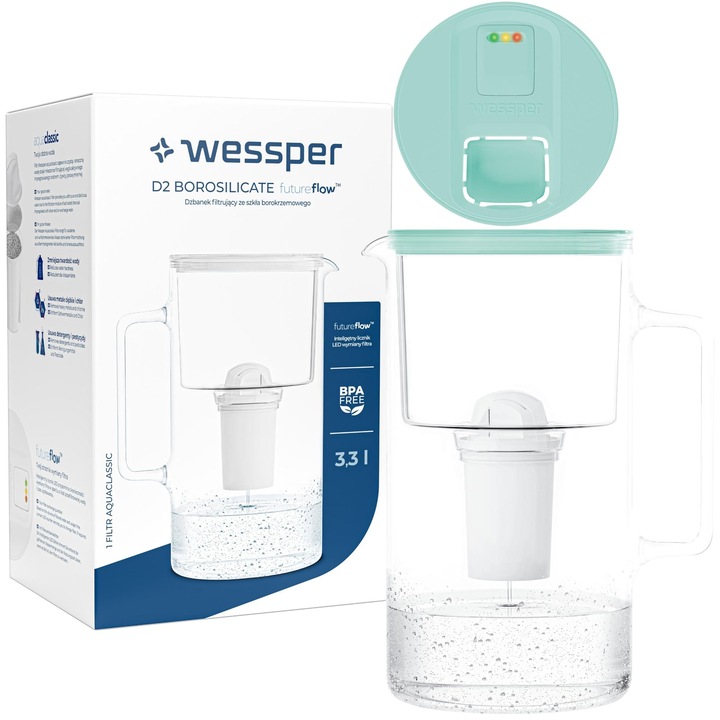Стъклена филтърна кана с LED измервател, Wessper FutureFlow Aquaclassic, 3.3L с филтър, Mint Green