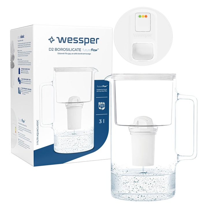 Стъклена филтърна кана с LED измервател, Wessper FutureFlow Aquaclassic, 3L с филтър, Бяла