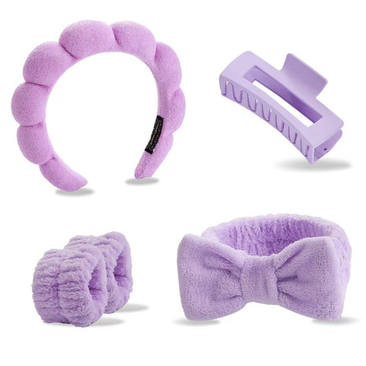 Спа лента за глава за жени, памучна гъба спа лента за глава за измиване на лице, премахване на грим, подпухнала лента за глава за душ, 2 презрамки за китки, 1 щипка, 1 спа лента за глава, 1 лента за коса (лилава)