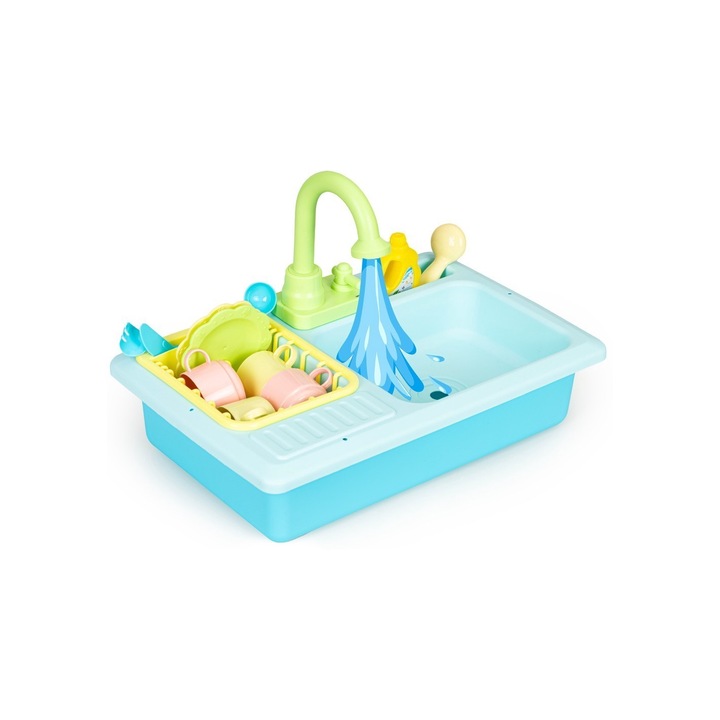 Комплект мивка със съдове, интерактивна играчка, с 12 аксесоара, за деца, светлосиня 41.5 x 27 x 27.5 см, Dalimag