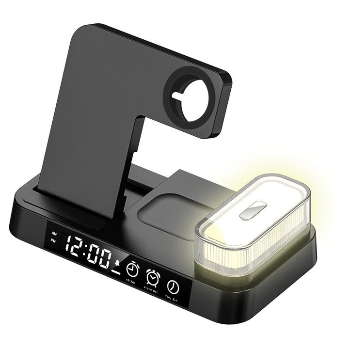 Incarcator wireless, lumina de noapte RGB, 3 in 1, ceas cu alarma, atasament magnetic, reglabil, negru